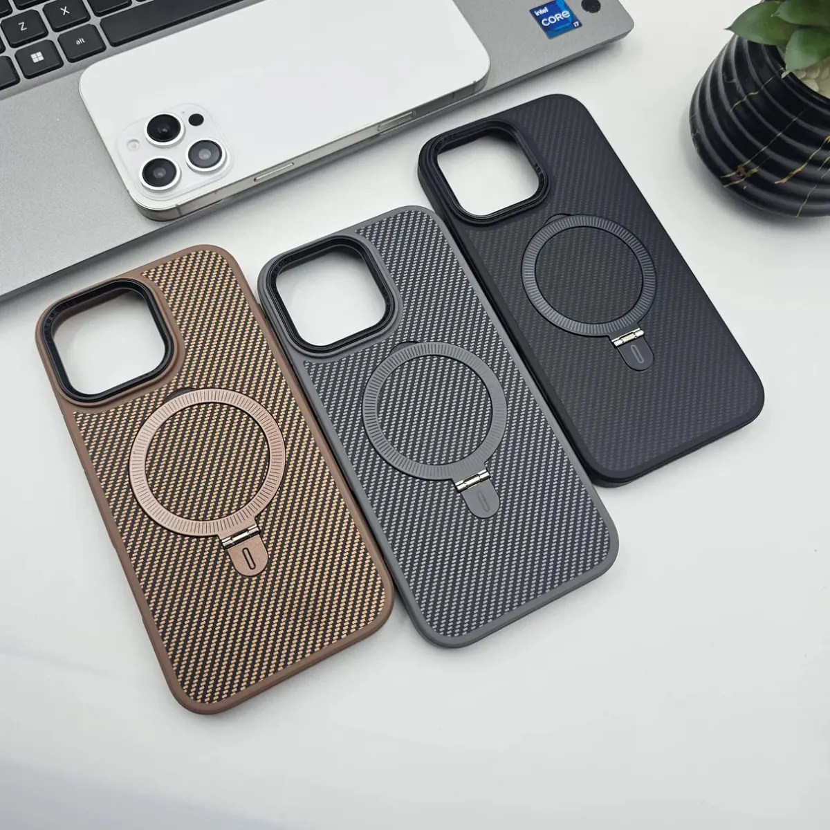 iPhone 13 Series Carbon Fibre With Magnetic Magsafe Ring Stand Case for ✔ iPhone 13 ✔ iPhone 13 Pro ✔ iPhone 13 Pro Max back cover