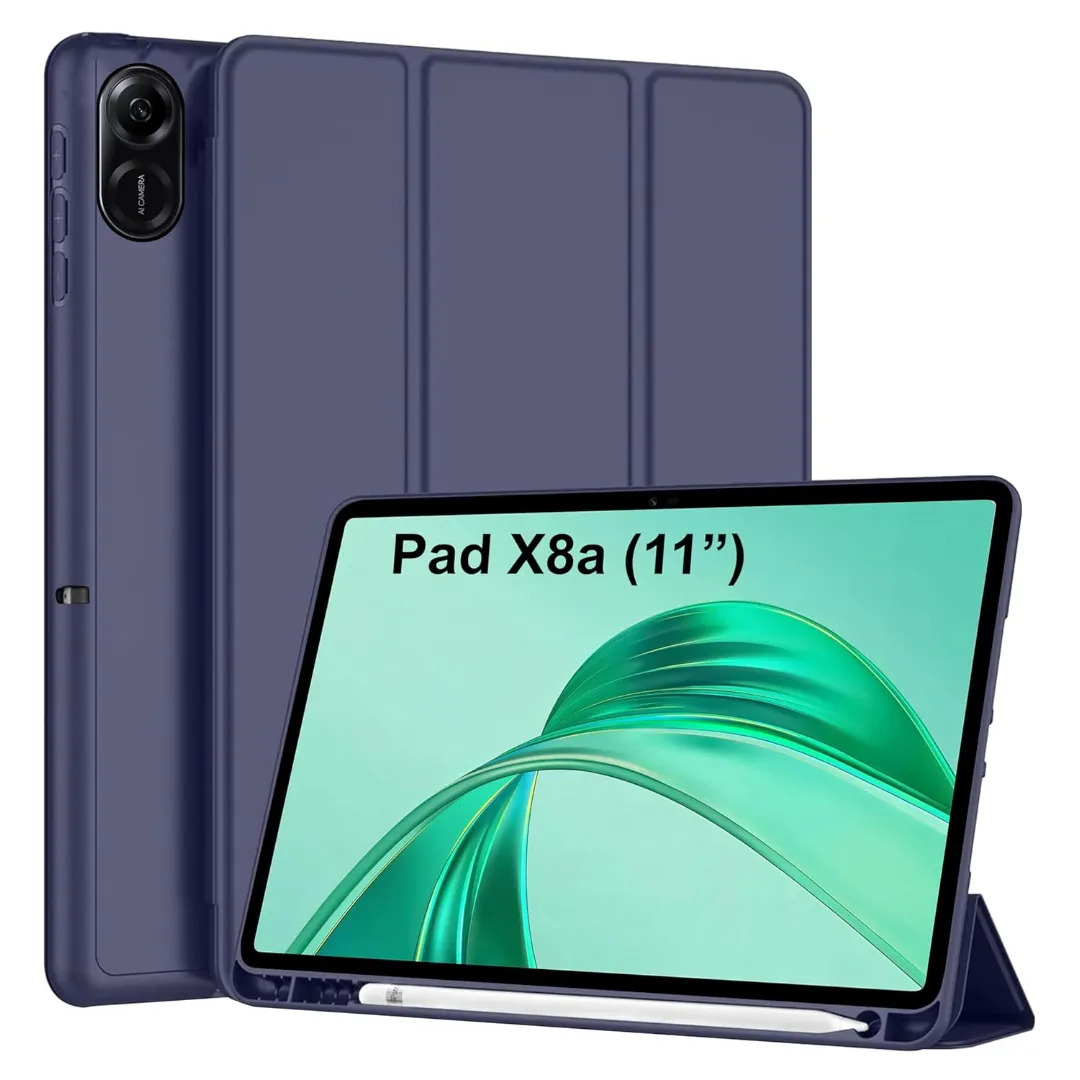 Case For Honor Pad X8A 11 Inch Tablet Trifold Smart Stand Flip Cover With Pen Holder Leather Finish | Heat Dissipation Auto Wake-Up/Sleep Mode Tpu Backcover(Black-Navy Blue) Phone Cases & Covers Price in Bangladesh - Mobile.com.bd