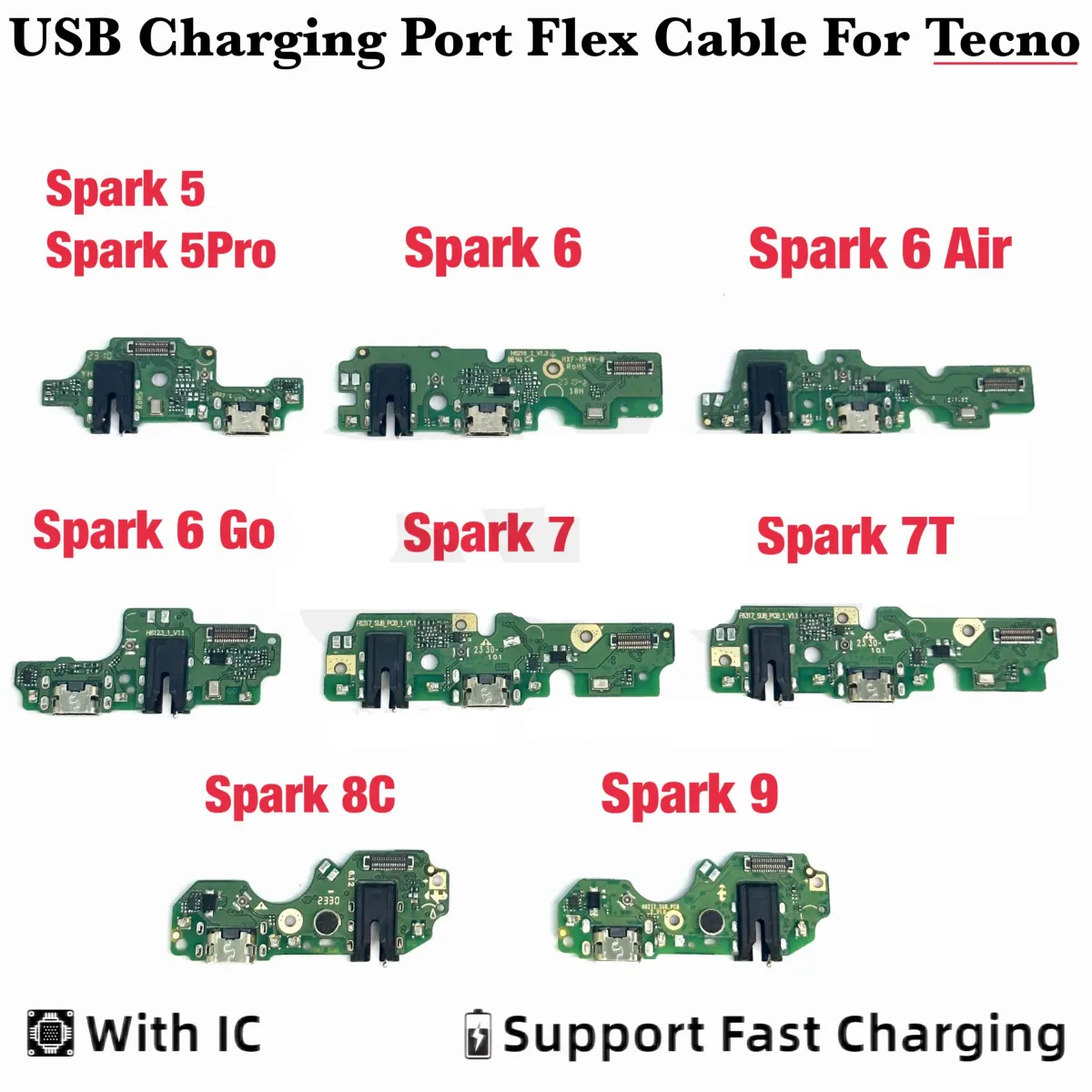 Charging Logic Board For Tecno Spark 5 5 Pro 6 6 Air 6 Go 7 7T 8c 8T 8P 9 10C Charging Port USB Plug PCB Dock Connector Spare parts Charging Port Parts Price in Bangladesh - Mobile.com.bd