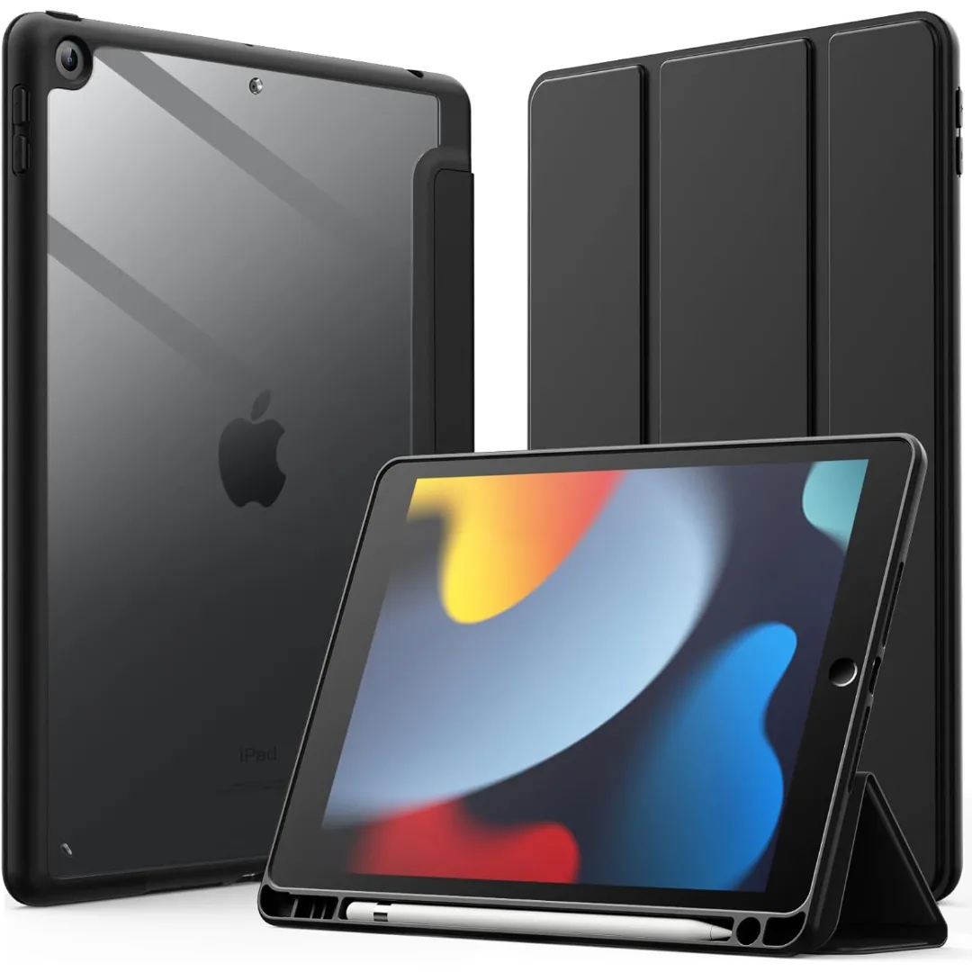 Premium Flexible Flip Tpu Case For Ipad 10.2-Inch (9Th/8Th/7Th Generation, 2021/2020/2019) With Pencil Holder, Clear Transparent Back Shell Slim Stand Shockproof Tablet Cover, Auto Wake/Sleep (Black/Deep Navy Blue) - Price in Bangladesh
