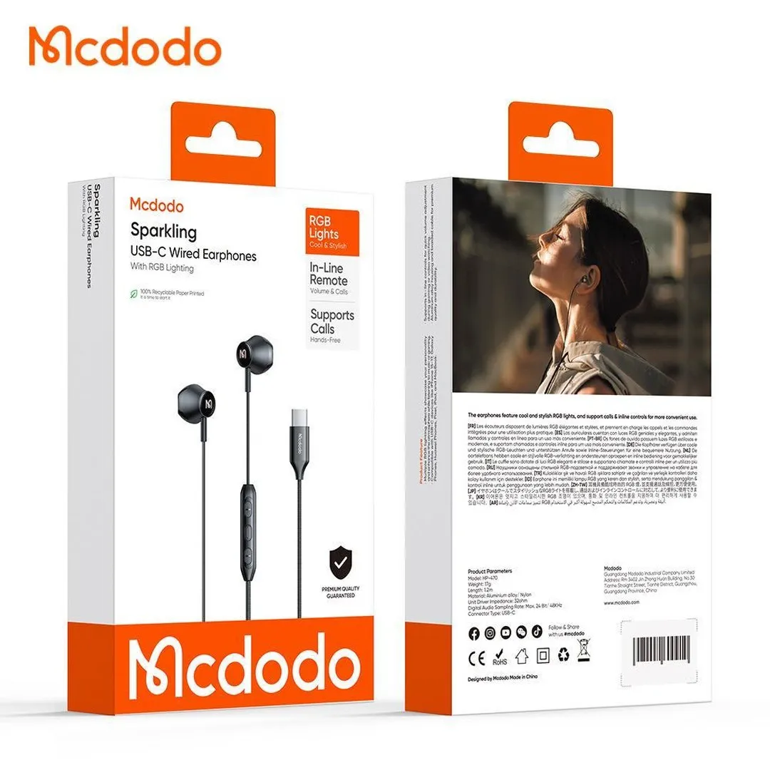 MCDODO HP-4700 Sparkling Handsfree Earphone RGB Light Type-C for iPad, iPhone 15, 16, 17 Pro Max, Stereo Audio Calls Earphones & Headphones Price in Bangladesh - Mobile.com.bd