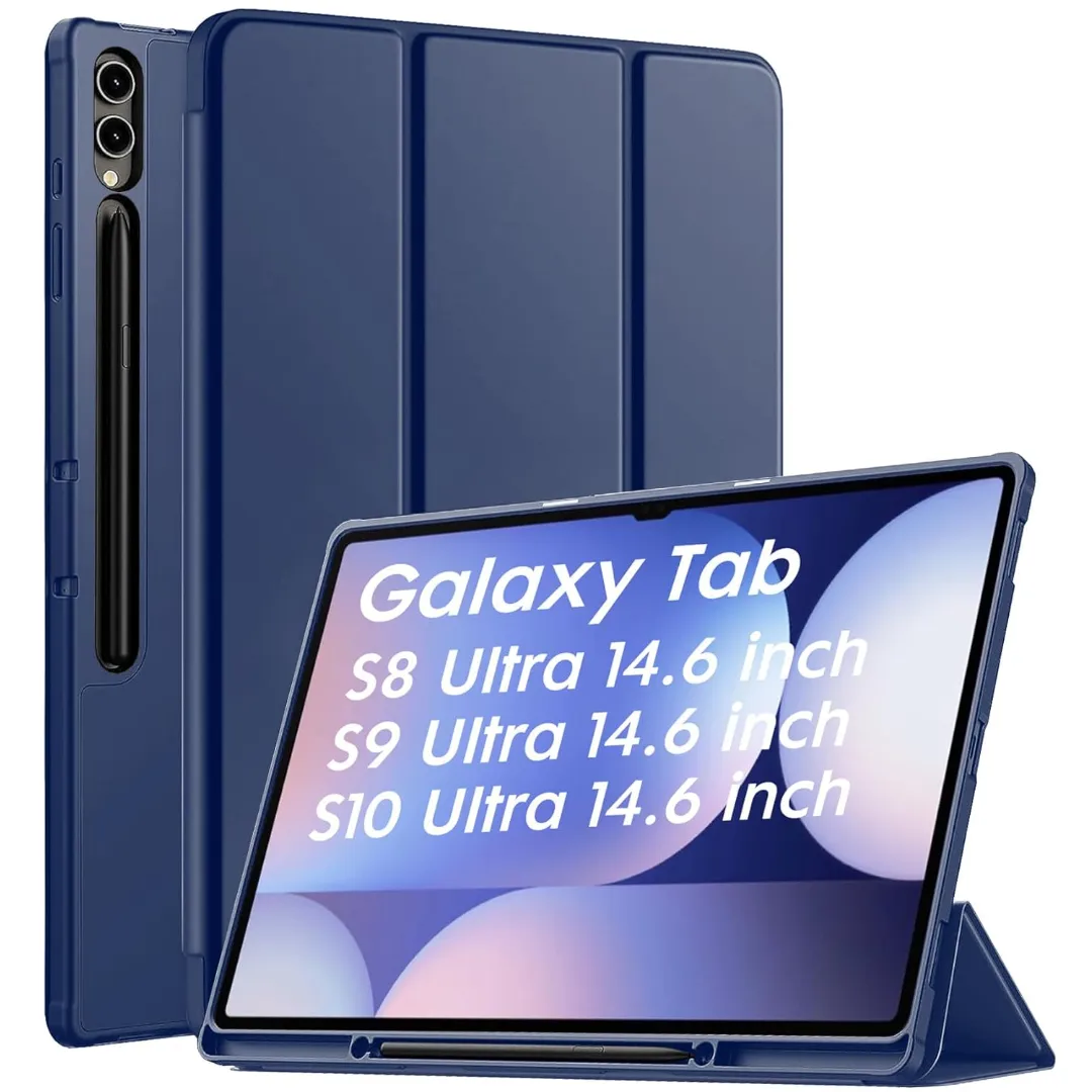Robustrion Cover For Samsung Tab S10 Ultra / S9 Ultra / Tab S8 Ultra Flip Stand Case Cover With S-Pen Holder For Samsung Galaxy Tab S10 / S9 / S8 Ultra Tablet Cover [Supports Auto Sleep Wake] - Navy Blue / Black - Price in Bangladesh