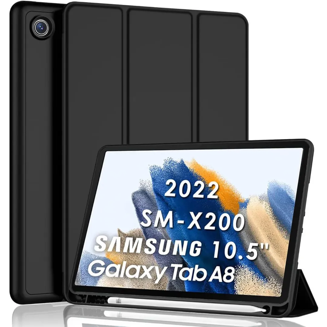 Case Compatible With Samsung Galaxy Tab A8 Case 10.5 Inch 2022 Sm-X200/Sm-X205, Smart Cover With Pencil Holder And Soft Baby Skin Silicone Back And Full Body Protection, Auto Wake/Sleep (Black) Phone Cases & Covers Price in Bangladesh - Mobile.com.bd