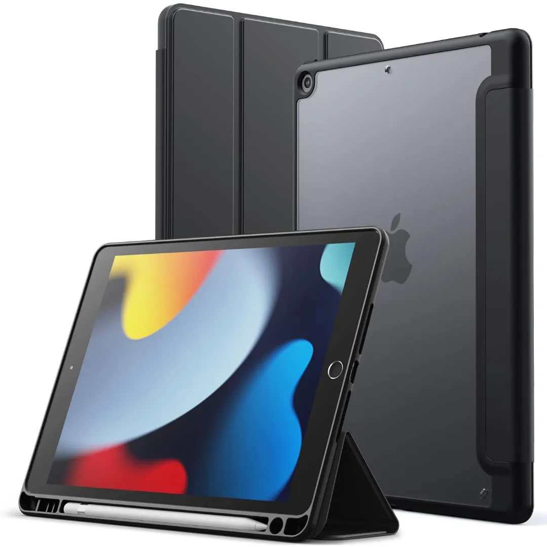 Transparent Clear Flexible Tpu Flip Case For Ipad 9/8/7 (10.2-Inch, 2021/2020/2019 Model, 9Th/8Th/7Th Generation) With Pencil Holder, Clear Translucent Back Slim Stand Protective Tablet Cover (Black-Navy Blue) - Price in Bangladesh