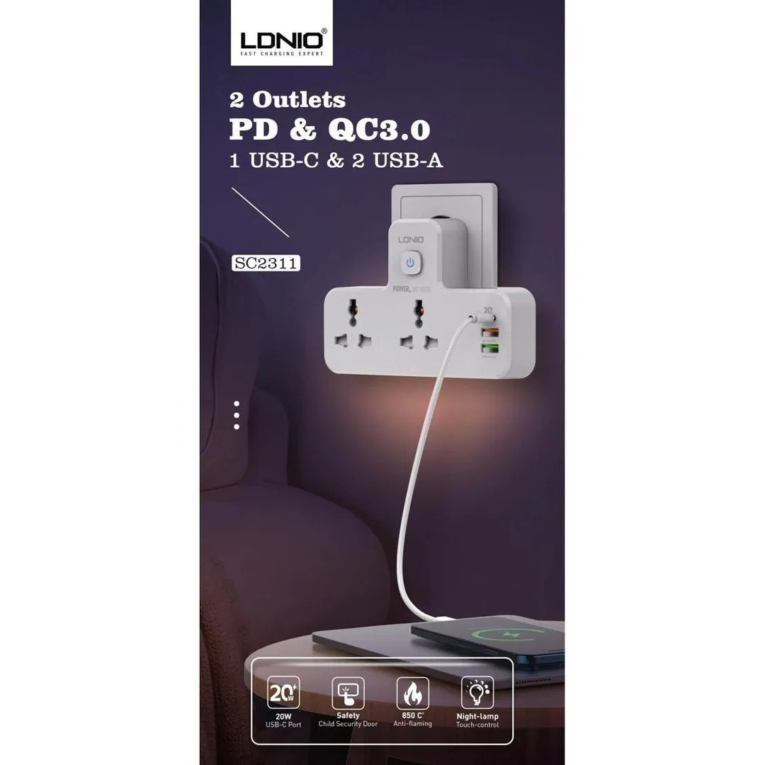 LDNIO 20W PD Quick Charge 3.0 Power Socket Charger Extension Strip 1 USB-C And 2 USB-A 2 Chargers Adapters Price in Bangladesh - Mobile.com.bd
