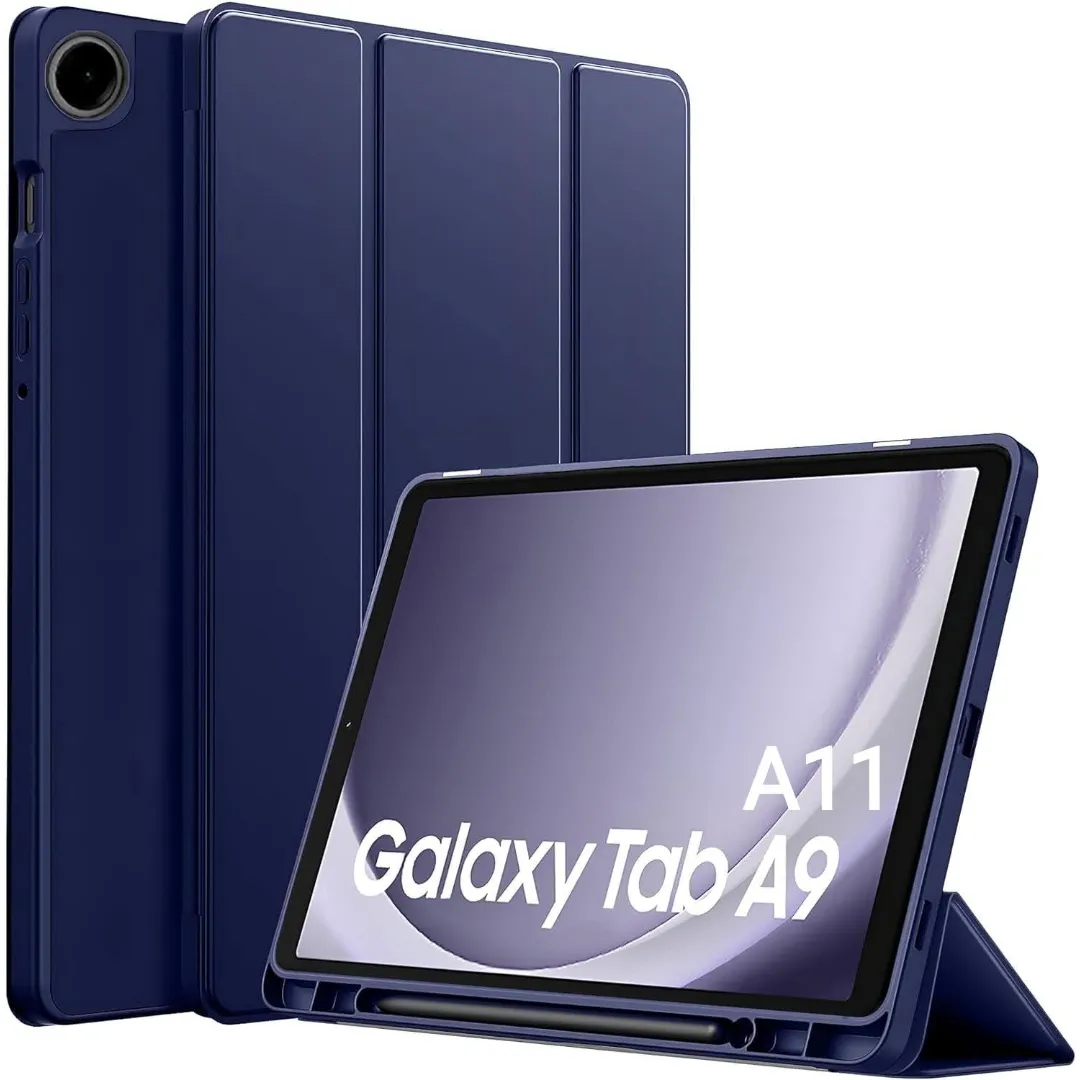 For Samsung Galaxy Tab A9 / Tab A11 8.7 Inch Protective Leather Flip Case For Tab A9/A11 Tablet Cover With Pen Holder (Black-Navy Blue) - Price in Bangladesh